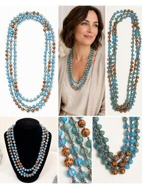 Boho Turquoise Blue Beaded Necklace 78” Multi-Strand Braided Wood Accent